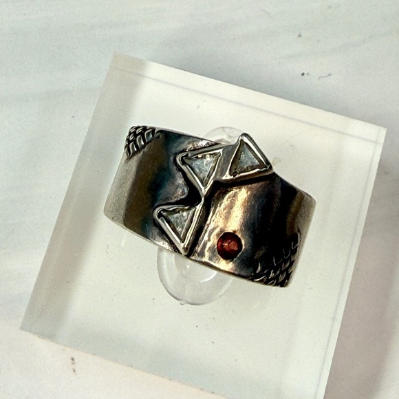 Jewelry - Sterling Silver 925 Wide Band Ring Geometric Red & Clear Stones Size 7 9.5g